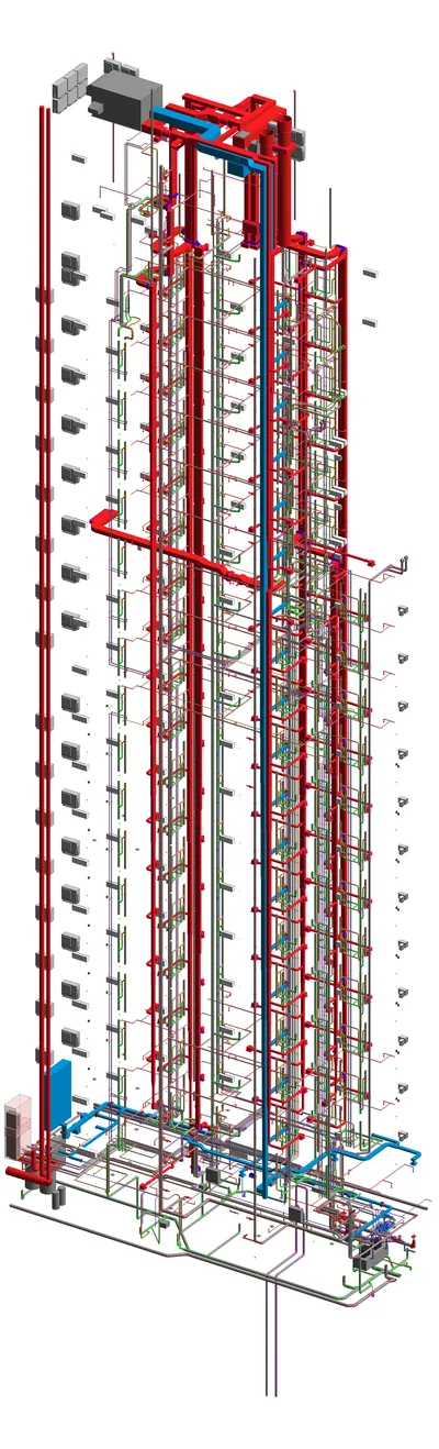 High-Rise MEP Coordination: Revit 3D model of coordinated ductwork, piping and building services