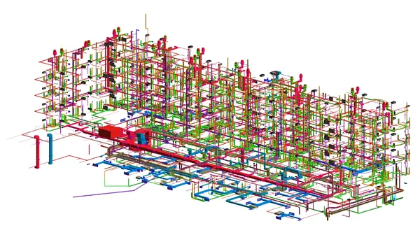 Mid-Rise MEP Coordination: Revit 3D model of coordinated ductwork, piping and building services