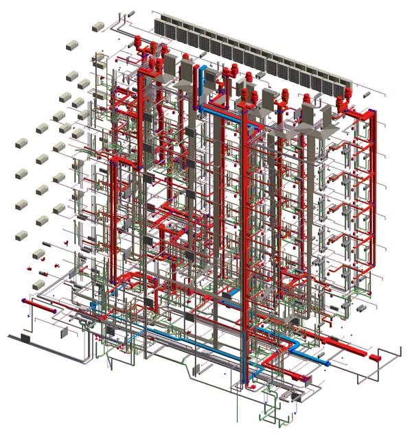 MEP Coordination Model: Revit 3D model of coordinated ductwork, piping and building services