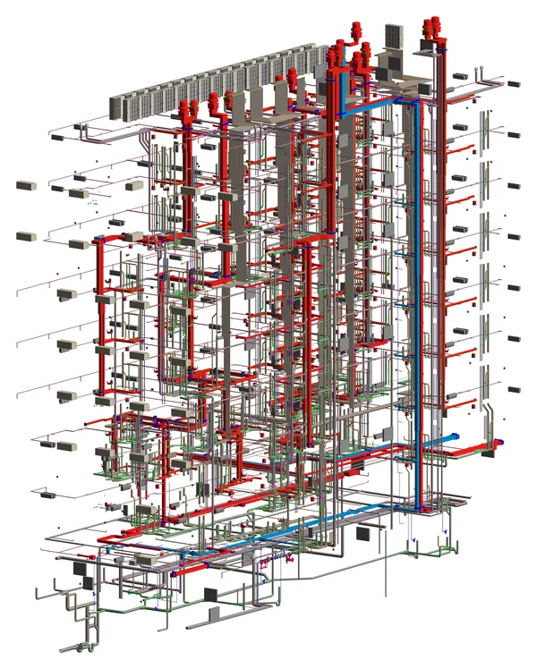 MEP Coordination Model: Revit 3D model of coordinated ductwork, piping and building services