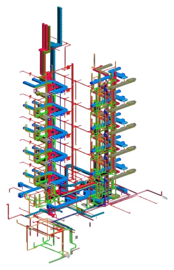 MEP Coordination Model: Revit 3D model of coordinated ductwork, piping and building services