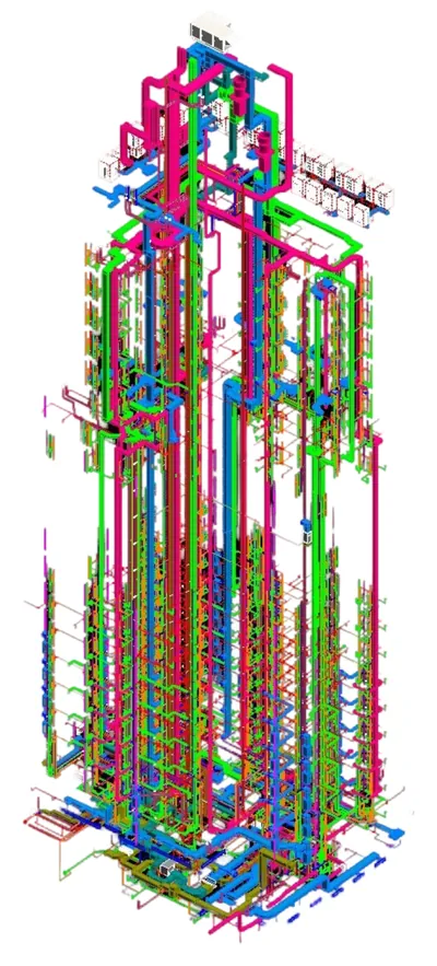 High-Rise MEP Coordination: Revit 3D model of coordinated ductwork, piping and building services