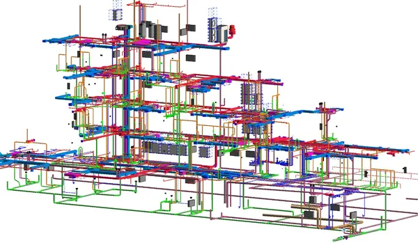 Mid-Rise MEP Coordination: Revit 3D model of coordinated ductwork, piping and building services