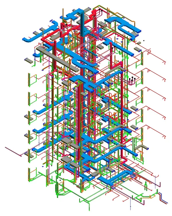 MEP Coordination Model: Revit 3D model of coordinated ductwork, piping and building services
