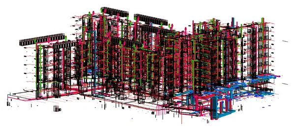 Mid-Rise MEP Coordination: Revit 3D model of coordinated ductwork, piping and building services