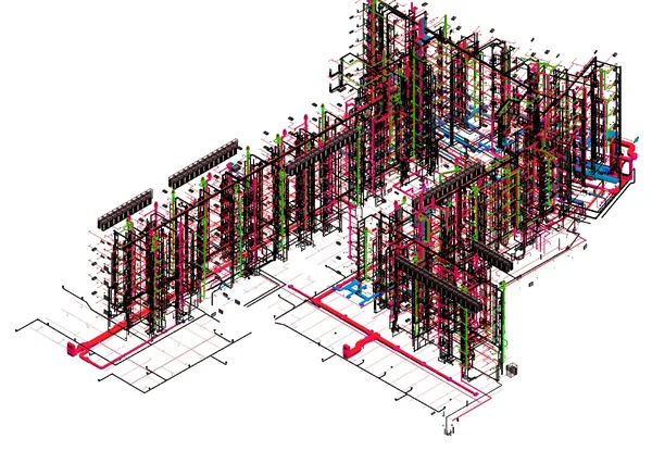 Mid-Rise MEP Coordination: Revit 3D model of coordinated ductwork, piping and building services