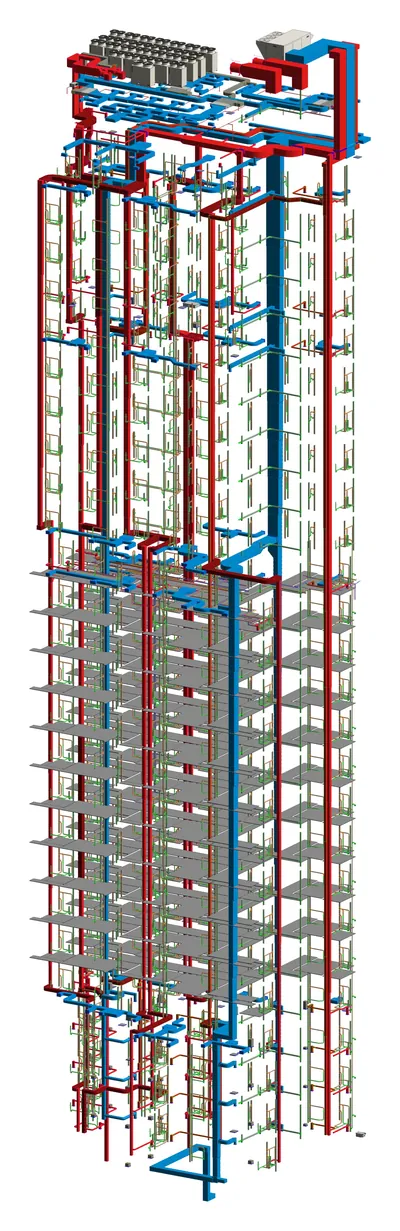 High-Rise MEP Coordination: Revit 3D model of coordinated ductwork, piping and building services