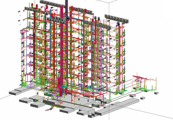 Mid-Rise MEP Coordination: Revit 3D model of coordinated ductwork, piping and building services