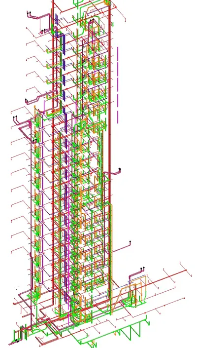 High-Rise MEP Coordination: Revit 3D model of coordinated ductwork, piping and building services