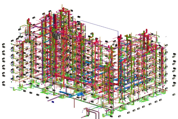 Mid-Rise MEP Coordination: Revit 3D model of coordinated ductwork, piping and building services