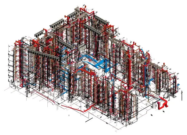 MEP Coordination Model: Revit 3D model of coordinated ductwork, piping and building services