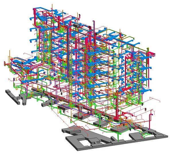 MEP Coordination Model: Revit 3D model of coordinated ductwork, piping and building services