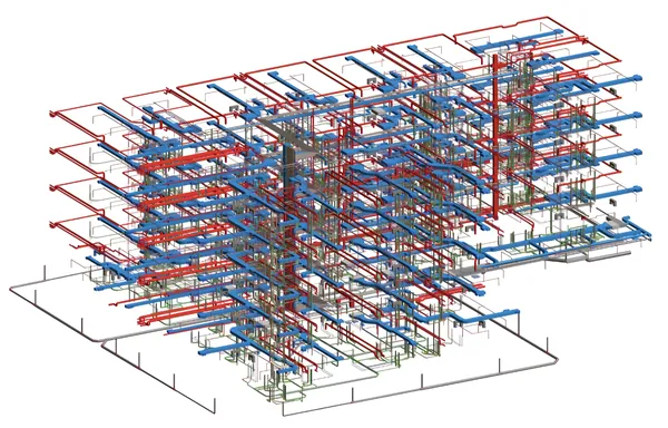 Mid-Rise MEP Coordination: Revit 3D model of coordinated ductwork, piping and building services