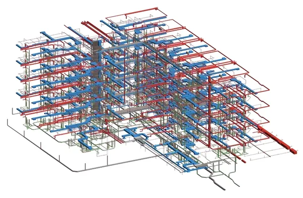 Mid-Rise MEP Coordination: Revit 3D model of coordinated ductwork, piping and building services