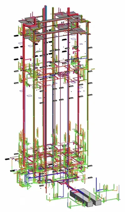 High-Rise MEP Coordination: Revit 3D model of coordinated ductwork, piping and building services