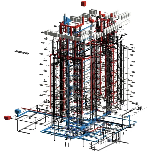 MEP Coordination Model: Revit 3D model of coordinated ductwork, piping and building services