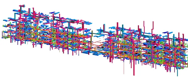 Mid-Rise MEP Coordination: Revit 3D model of coordinated ductwork, piping and building services
