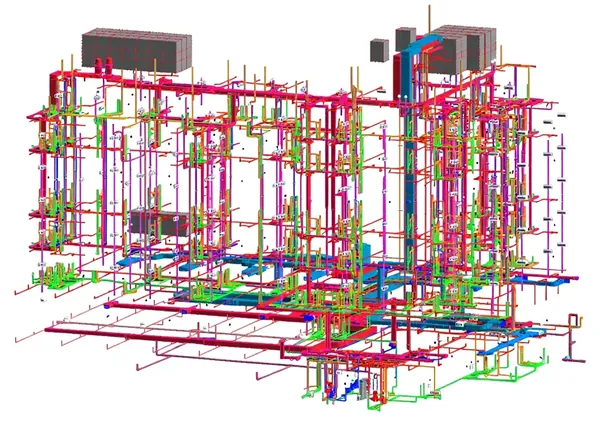 Mid-Rise MEP Coordination: Revit 3D model of coordinated ductwork, piping and building services