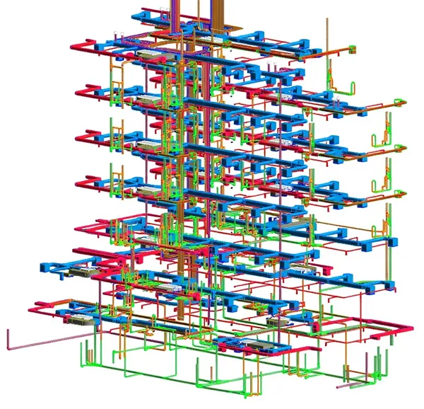 MEP Coordination Model: Revit 3D model of coordinated ductwork, piping and building services