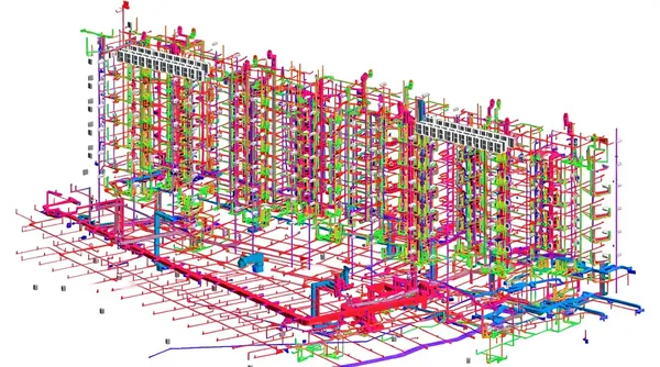 Mid-Rise MEP Coordination: Revit 3D model of coordinated ductwork, piping and building services